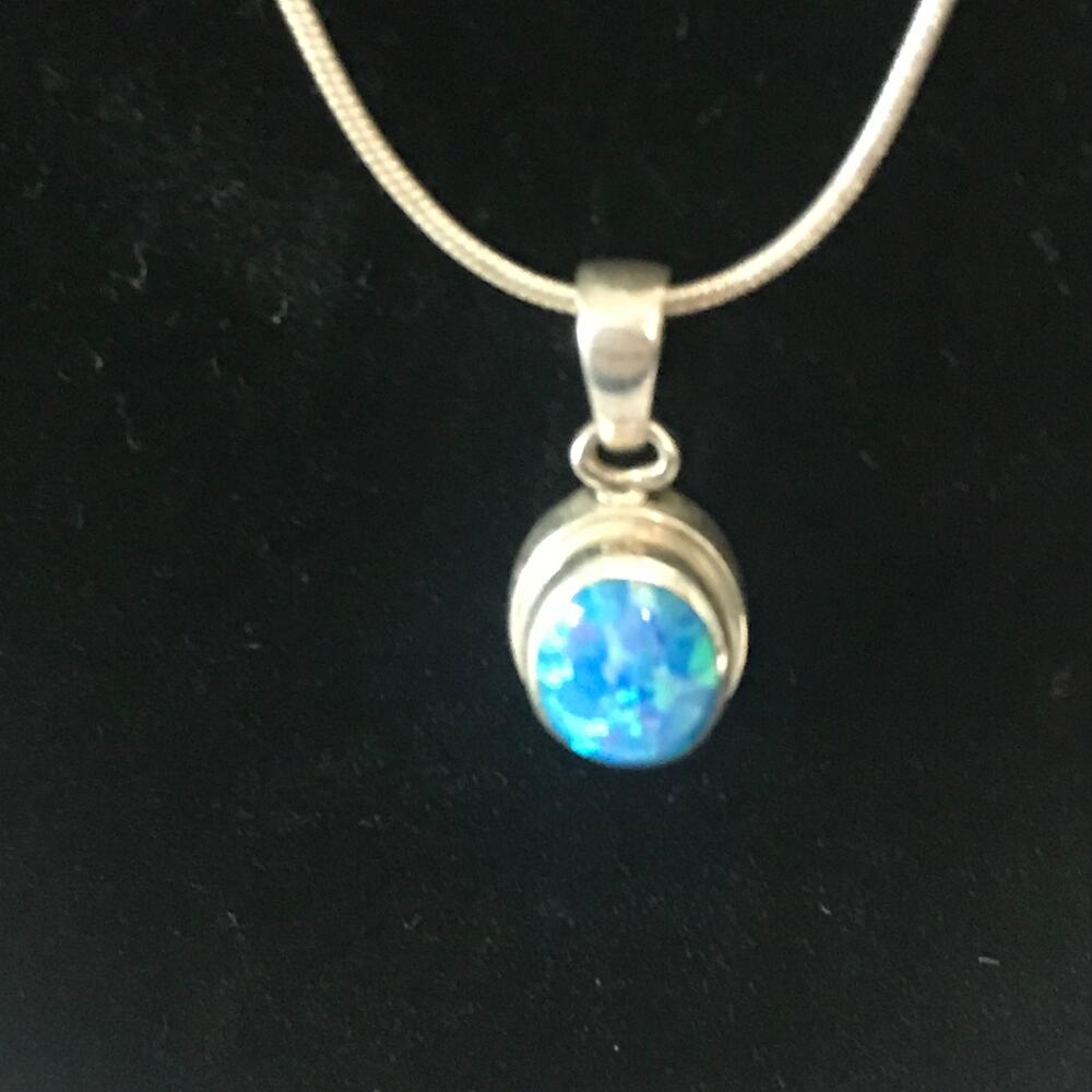 Sterling Silver Blue Fire Opal Pendant Necklace Oval Boho Charm Snake Chain